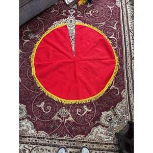 Vintage Red & Gold CHRISTMAS TREE Skirt  Fringed   Round‎ 70s/80s
